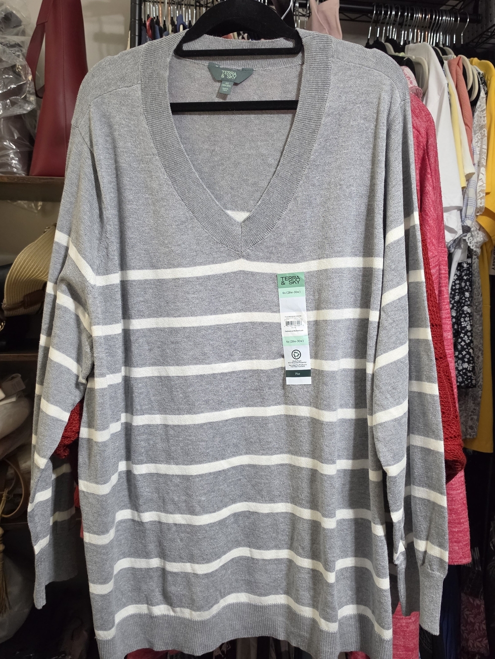 Terra & Sky Gray and White Striped V‑Neck Sweater